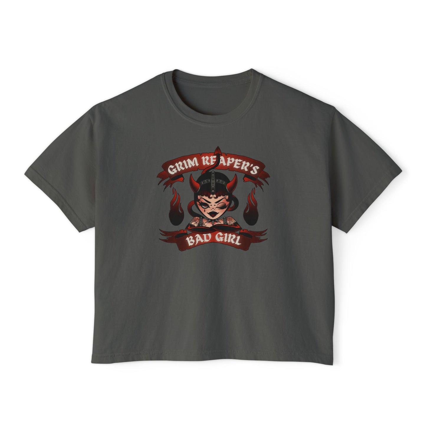 Grim Reaper's Bad Girl Women's Boxy Tee - Edgy Graphic Tee for Casual Style