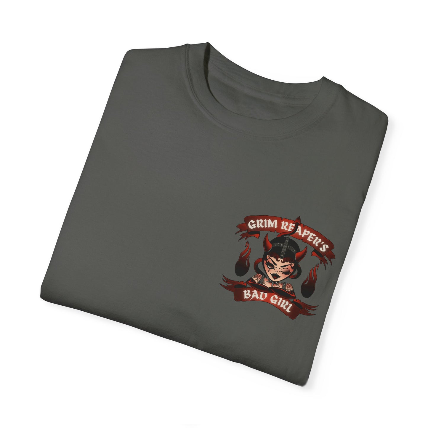 Grim Reaper's Bad Girl Unisex Garment-Dyed T-Shirt - Edgy Graphic Tee for Alternative Fashion and Celebrations