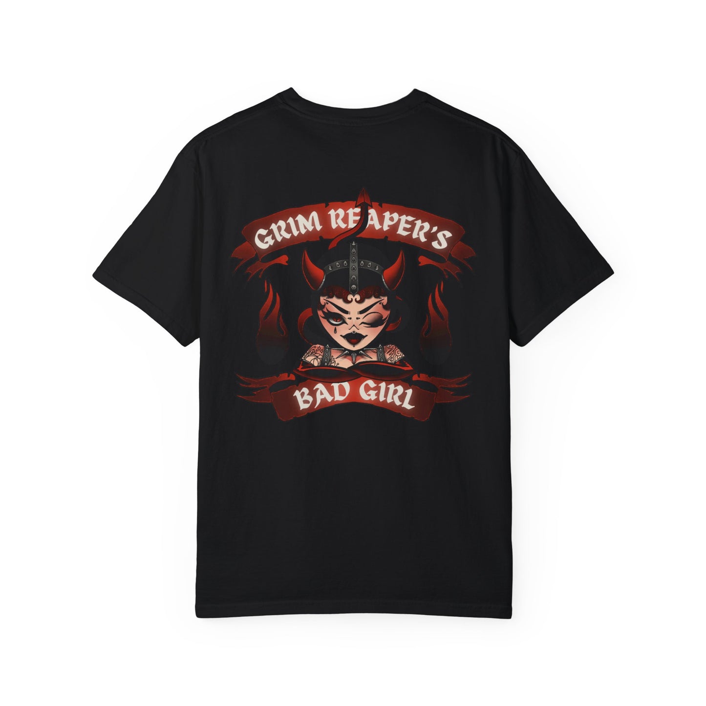 Grim Reaper's Bad Girl Unisex Garment-Dyed T-Shirt - Edgy Graphic Tee for Alternative Fashion and Celebrations