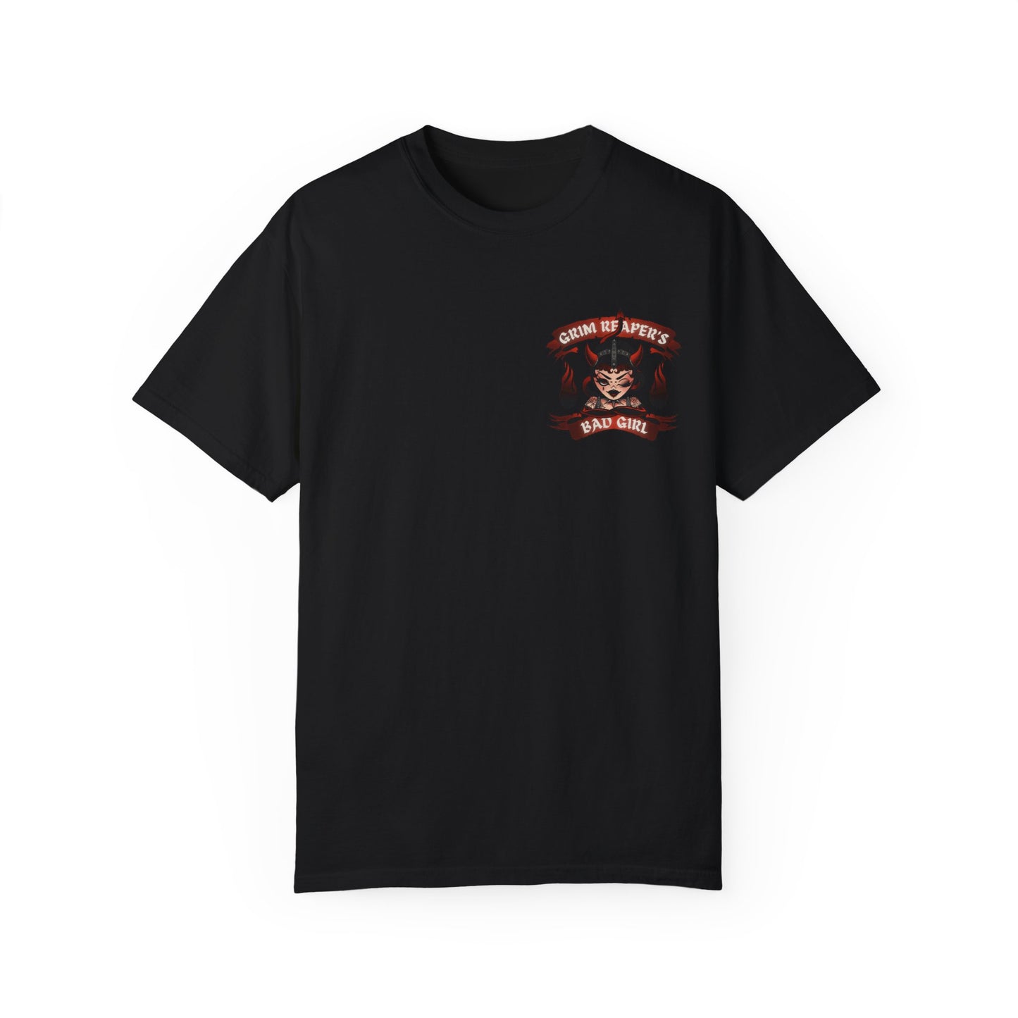 Grim Reaper's Bad Girl Unisex Garment-Dyed T-Shirt - Edgy Graphic Tee for Alternative Fashion and Celebrations