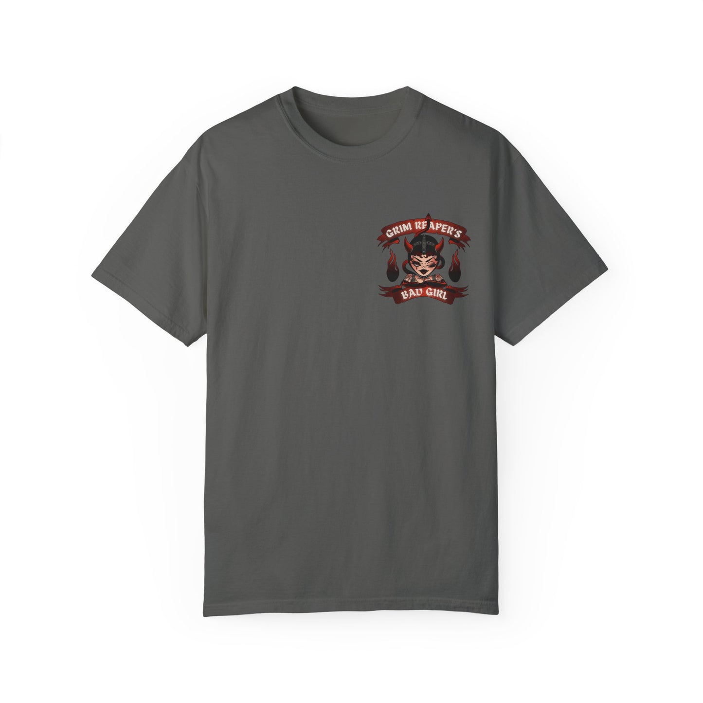 Grim Reaper's Bad Girl Unisex Garment-Dyed T-Shirt - Edgy Graphic Tee for Alternative Fashion and Celebrations