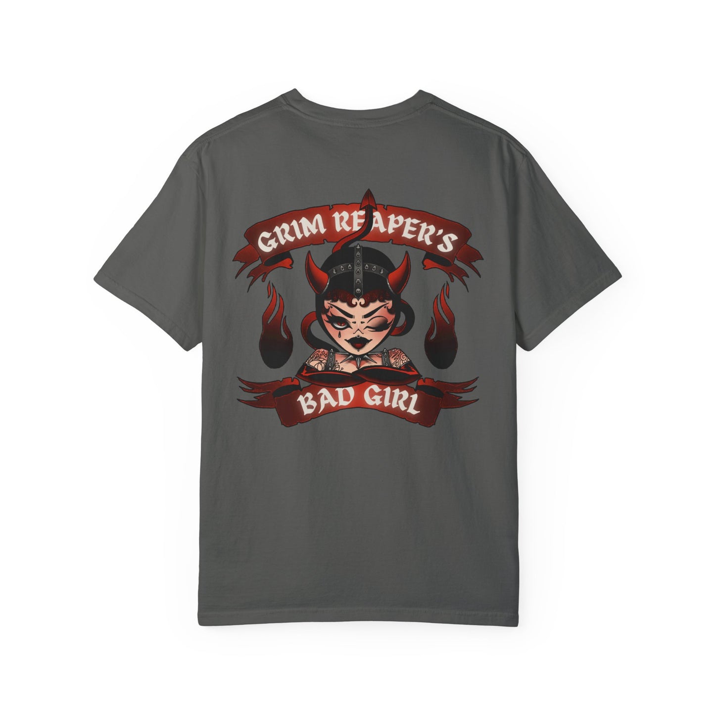 Grim Reaper's Bad Girl Unisex Garment-Dyed T-Shirt - Edgy Graphic Tee for Alternative Fashion and Celebrations