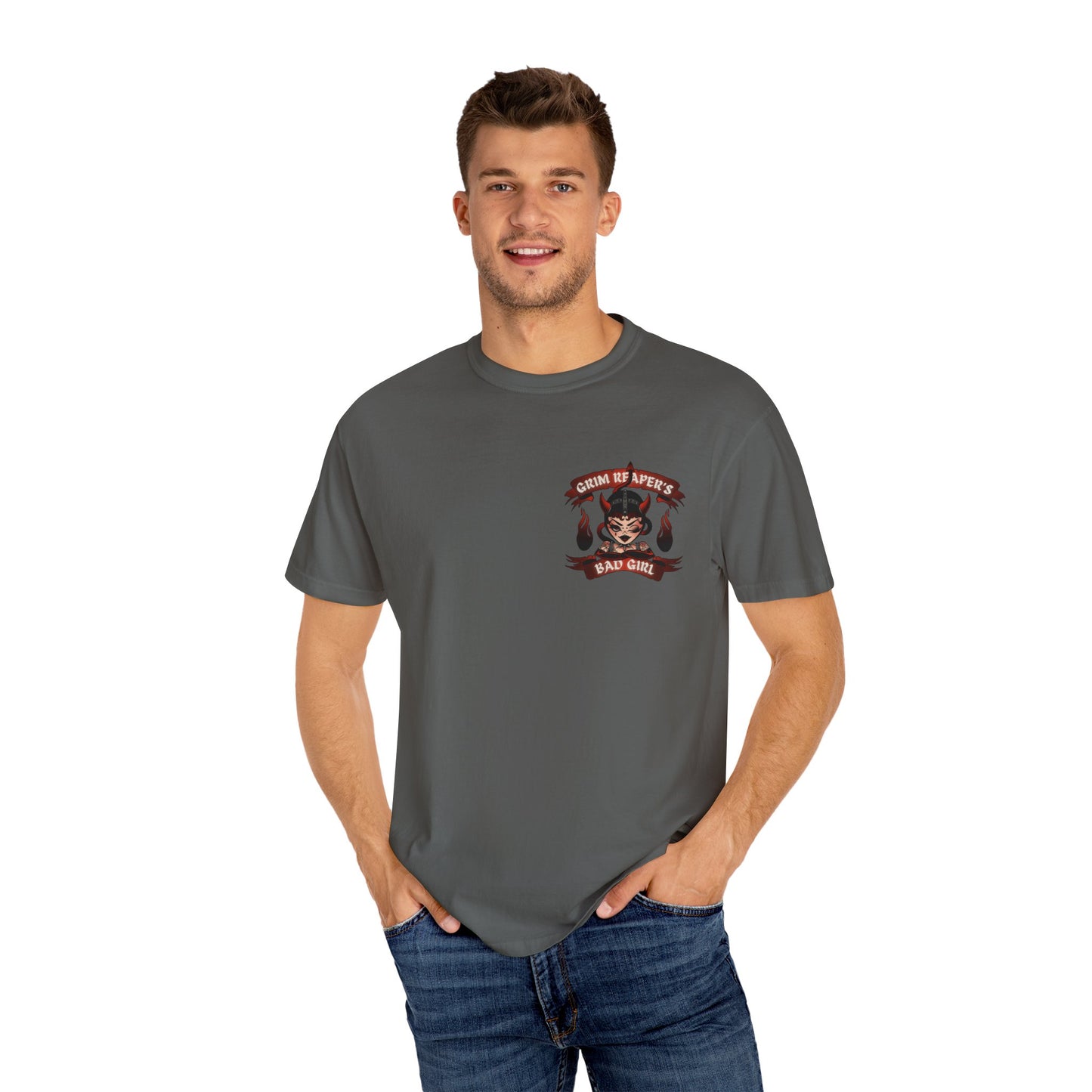 Grim Reaper's Bad Girl Unisex Garment-Dyed T-Shirt - Edgy Graphic Tee for Alternative Fashion and Celebrations