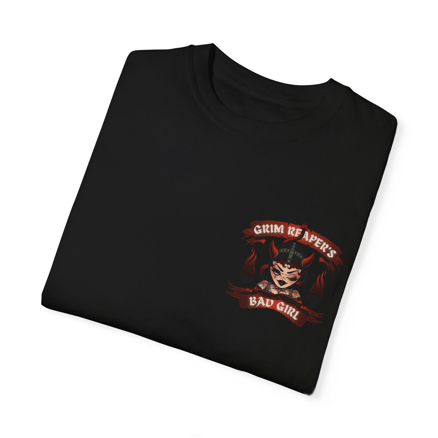 Grim Reaper's Bad Girl Unisex Garment-Dyed T-Shirt - Edgy Graphic Tee for Alternative Fashion and Celebrations
