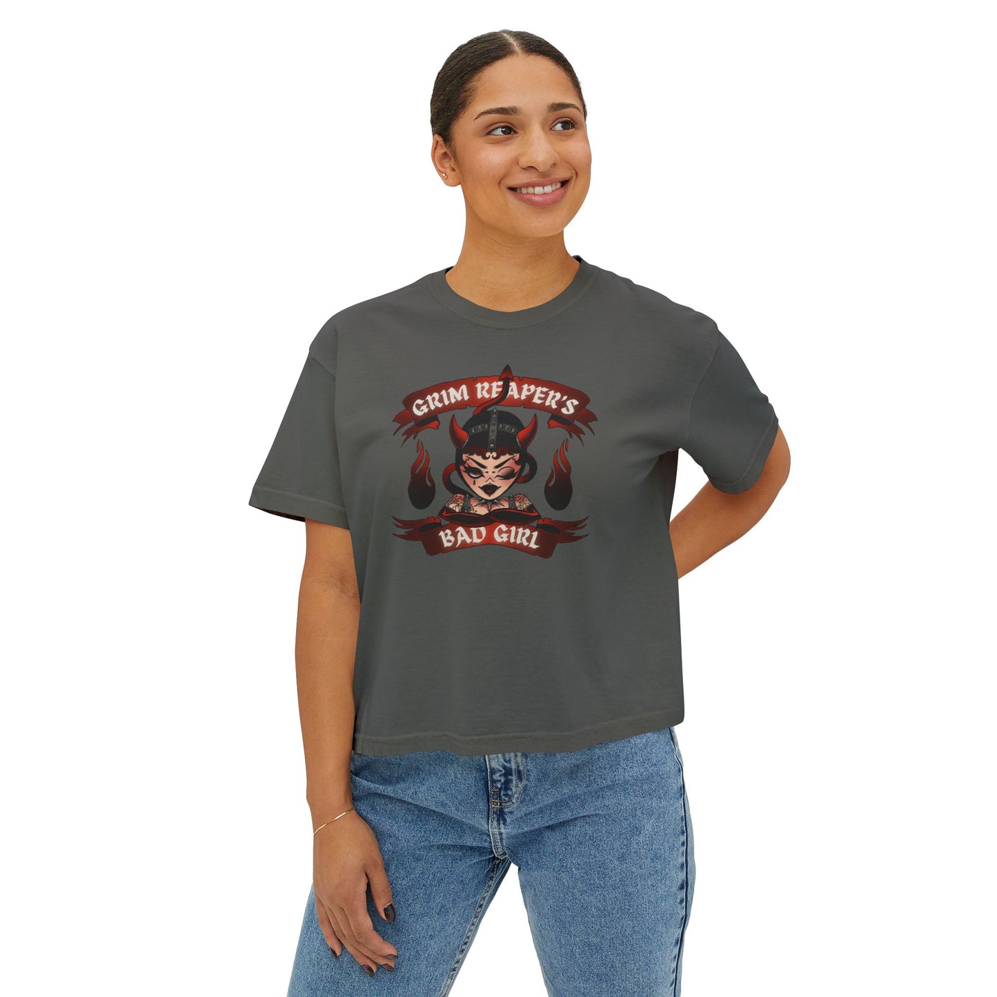 Grim Reaper's Bad Girl Women's Boxy Tee - Edgy Graphic Tee for Casual Style