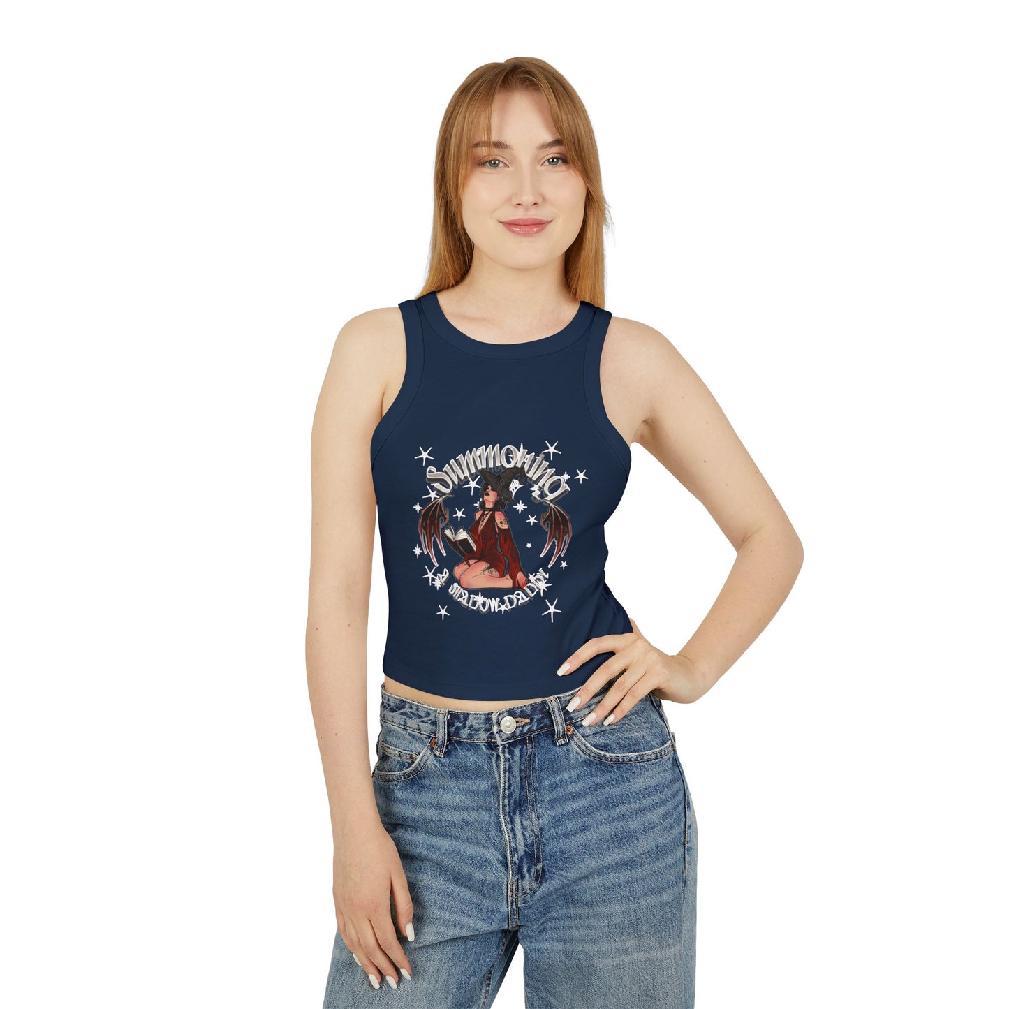 Gothic Summoning Women's Racer Tank Top - Edgy Black Crop for Festivals & Everyday Wear