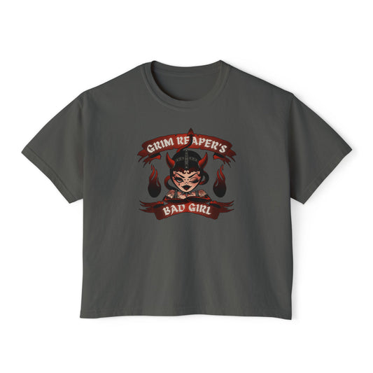 Grim Reaper's Bad Girl Women's Boxy Tee - Edgy Graphic Tee for Casual Style