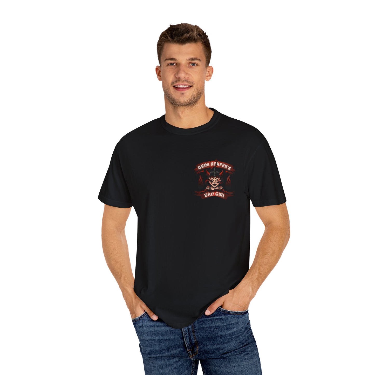 Grim Reaper's Bad Girl Unisex Garment-Dyed T-Shirt - Edgy Graphic Tee for Alternative Fashion and Celebrations