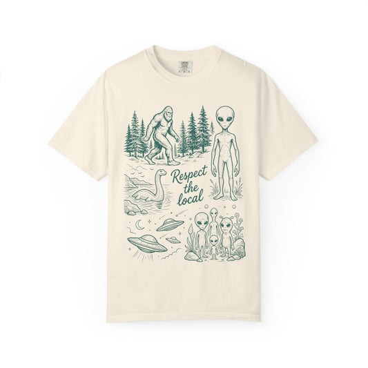 Respect the Local Alien T-Shirt — Retro UFO & Bigfoot Graphic Tee