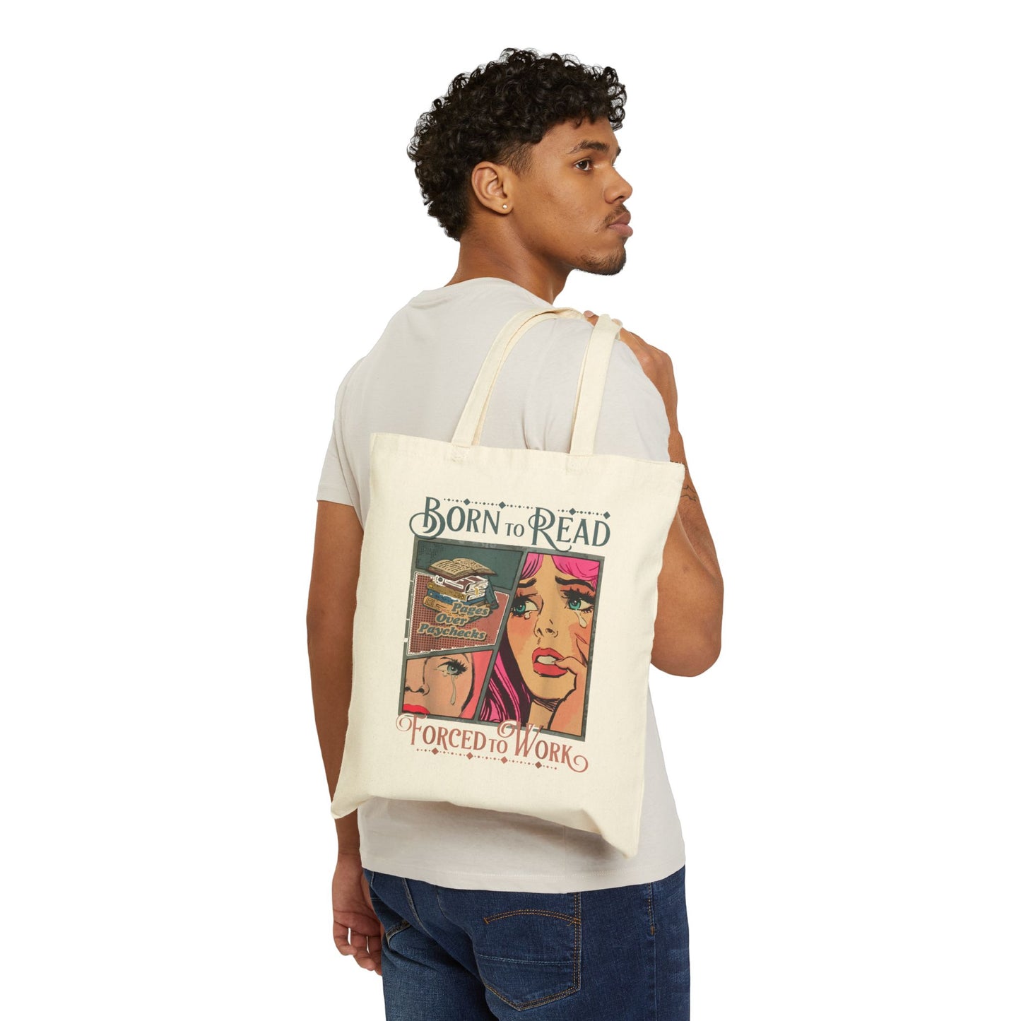 Tote Bag — "Born to Read, Forced to Work" Retro Comic Book Tote for Book Lovers